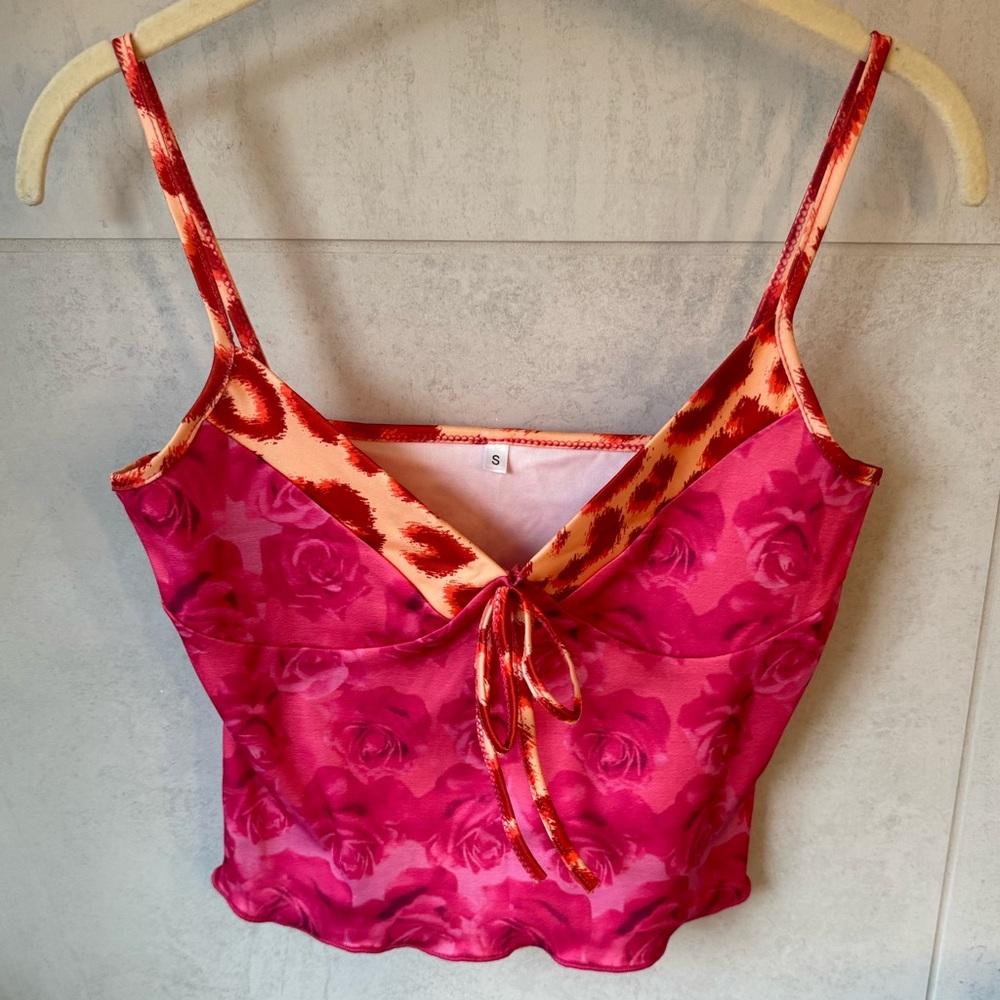 NWOT Micas Pink Rose and Leopard Pattern Crop Camisole‎ Sz S